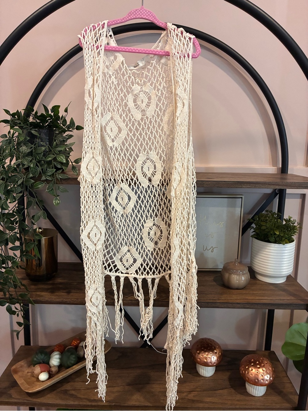 Cream Crochet Fringe Swim Coverup Vest - Boho Beach Layer